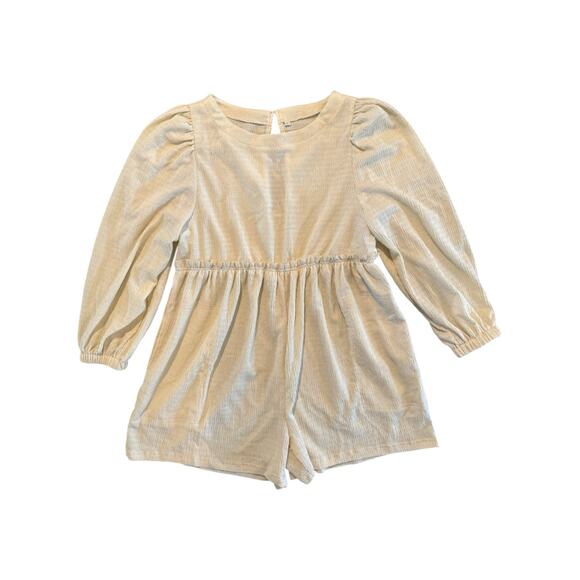 Textured Cream Long Sleeve Romper Women’s Large Puff Sleeve Keyhole Back Dressy - Picture 2 of 9